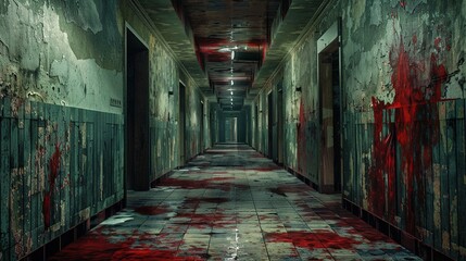 Bloody hallway, Halloween environment, horror background, sanatarium or hospital, prison --ar 16:9 Job ID: 1330c47d-8729-40f4-9afb-1e5f8a3899f6