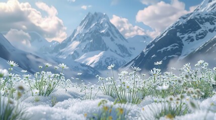on the blue snow mountain, snow, surrounded by beautiful grass, flowers adorn it. image super high definition, pure beauty unimaginable in the eyes of urbanites. 
