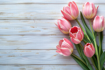 Beautiful Pink Tulips on a Light Wooden Board with Space for Copy, Mothers Day