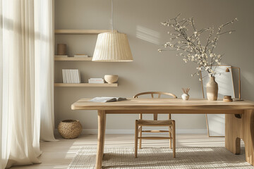 Serene Scandinavian Home Office: Earth Tones and Natural Morning Light, Emphasizing Clean Wooden Surfaces and Wool Textures for a Minimalist Design