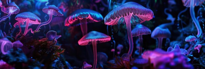 bio luminescent mushroom forest, glowing electric jellyfish circuits