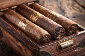 Box of cuban cigars on wooden table. Fictitious labels. --ar 3:2 Job ID: 7f6df736-6854-4dd0-a62c-6a0272c34e2e