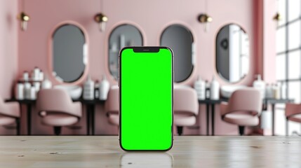 Beauty salon booking app phone mockup with blank green screen