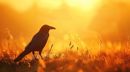 Black bird raven silhouetted in early morning bright warm dawn golden light --ar 16:9 Job ID:...