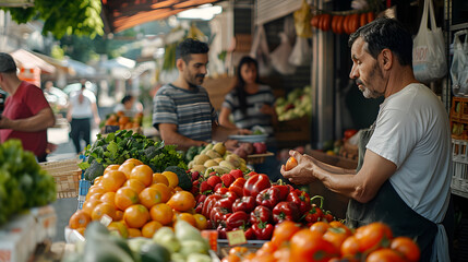 Bustling Market Scene with Vendor Selling Colorful Fresh Fruits and Vegetables to Customers