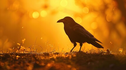 Black bird raven silhouetted in early morning bright warm dawn golden light --ar 16:9 Job ID: 9d16319d-7c7d-4449-8c8c-ac19d0d2b755