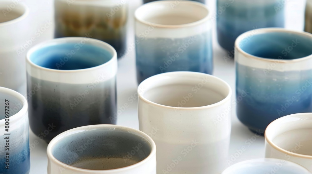 Poster a series of ceramic mugs with a striking ombré finish transitioning from dark to light shades creati