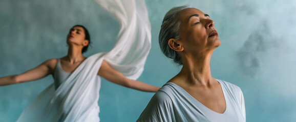 Two women of different age and generation gracefully dancing together