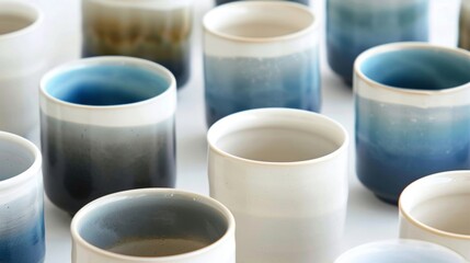 A series of ceramic mugs with a striking ombré finish transitioning from dark to light shades creating a mesmerizing effect..