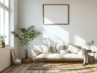 design a living room, white walls and light wooden floors