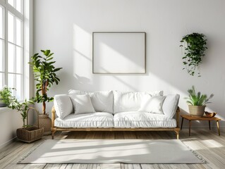 design a living room, white walls and light wooden floors