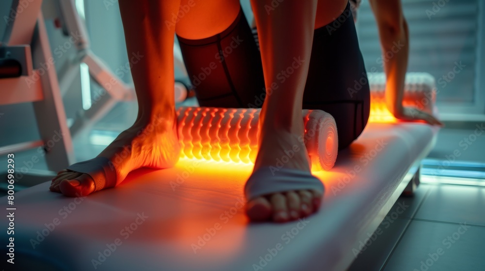 Poster a person using a foam roller while in the infrared sauna using the combination of heat and physical 
