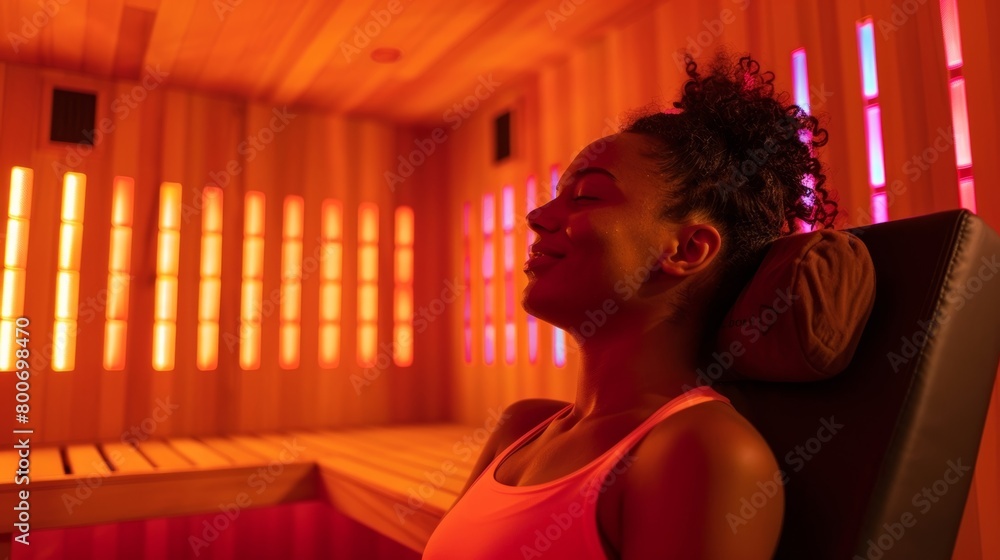 Poster a person enjoying a refreshing postworkout session in an infrared sauna using the heat to soothe sor