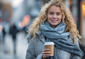 Happy woman walking in the city with coffee to go
