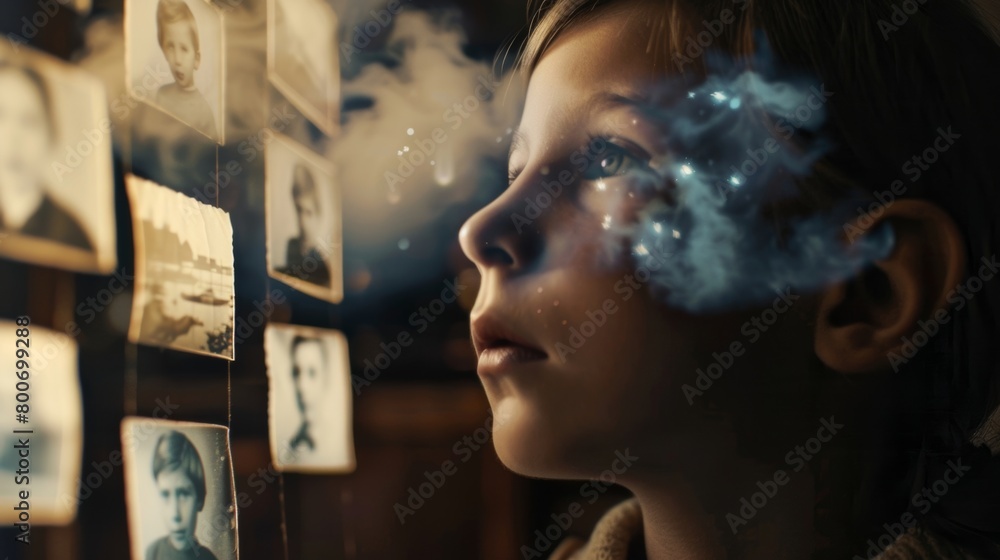 Poster a person looking at a family photo with a thought bubble showing a memory from their childhood that 