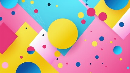 Bright pink background with colorful geometric stripes and dots