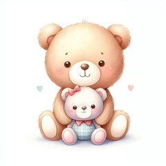 illustration of a brown teddy bear hugging a smaller gray teddy bear with a pink bow on its head in watercolor and a white background. Generative AI.