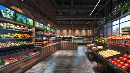 grocery store  with big led screens and holograms
