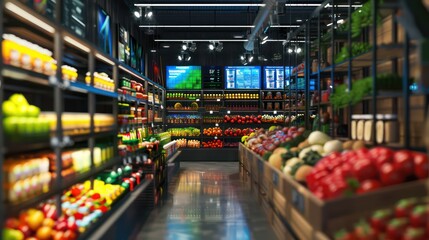 grocery store  with big led screens and holograms