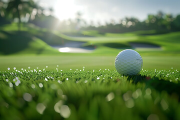 Tee Time Serenity: Golf Ball on Dewy Grass at Sunrise