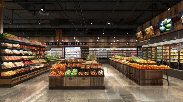 grocery store  with big led screens and holograms