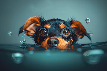Canine Paddle: Adorable Puppy Swimming in Clear Waters - obrazy, fototapety, plakaty