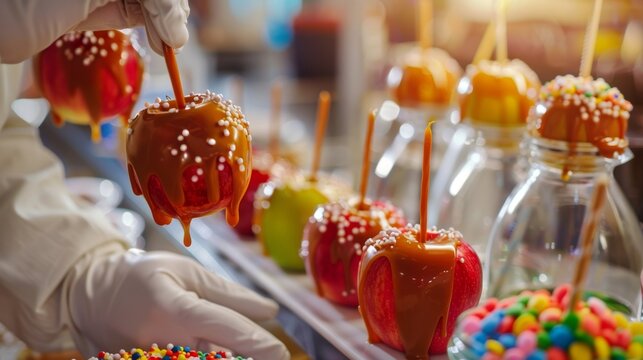 A candy apple making station where guests are dipping apples in caramel and decorating them with colorful sprinkles.