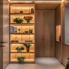shelves in a wooden cabinet, hallway with lift and a apartment main door light beige and light amber, few decor books, flowers
