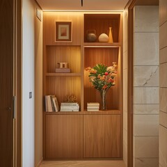Fototapeta premium shelves in a wooden cabinet, hallway with lift and a apartment main door light beige and light amber, few decor books, flowers
