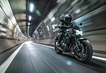 motorcycle in motion on green tunnel