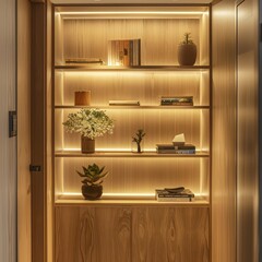 shelves in a wooden cabinet, hallway with lift and a apartment main door light beige and light amber, few decor books, flowers