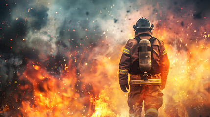 Brave firefighter crossing flames: Emergency Action Plan, rescue teamwork safety 