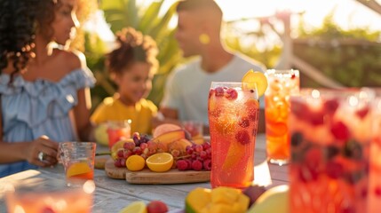 A family sitting at a picnic table in the shade sharing a fruit platter and enjoying a variety of...