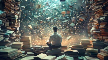 Man Sitting on Top of a Pile of Books