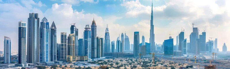 panorama of the city,  skyscrapers  in the city and cranes, white sky