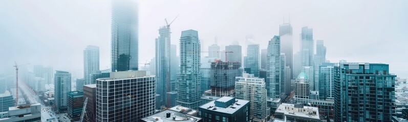 panorama of the city,  skyscrapers  in the city and cranes, white sky