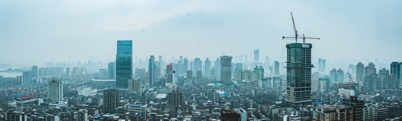 panorama of the city,  skyscrapers  in the city and cranes, white sky