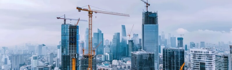 panorama of the city,  skyscrapers  in the city and cranes, white sky