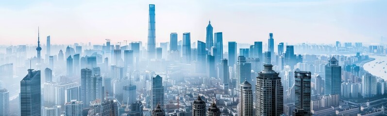 panorama of the city, skyscrapers in the city and cranes, white sky