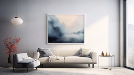 Harmony in simplicity: A minimalist painting hangs on the wall, creating a harmonious blend of form and function, inviting viewers to discover beauty in simplicity