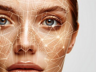 
Portrait of a female face based on the golden ratio. A personalized skincare concept. A symmetrical face. banner, copy space