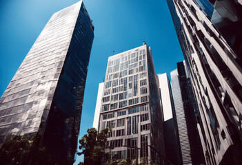 Obraz premium 'strict business sky blue buildings office real estate exterior facades corporation district downtown finance skyscraper construction glasses gold modern bank banking tech technology'