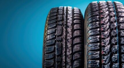 winter car tire and a summer car tire, treads detail, blue background