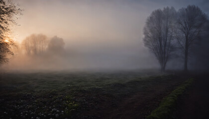 a foggy field with trees and a dirt path in the foreground and a sun shining through the fog