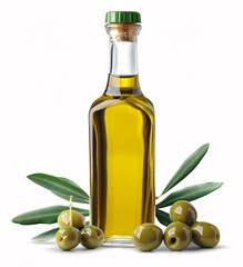 Olive oil in glass bottle with olives isolated on white background