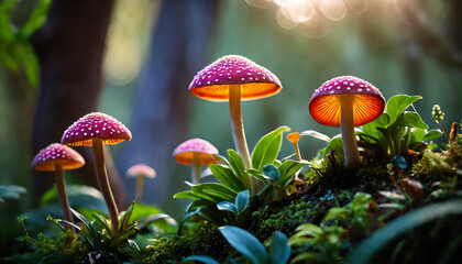 a group of mushrooms growing on a mossy ground in the forest with sunlight shining through the trees behind them - Powered by Adobe