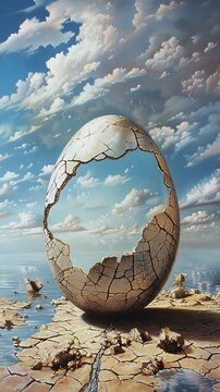 Cracked Egg and blue sky behind, Symbolizes new beginnings and the birth of ideas, potential and the start of something new
