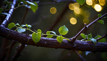 a branch with leaves and a blurry background of lights in the background is a tree branch with green leaves and a blurry background is a branch with