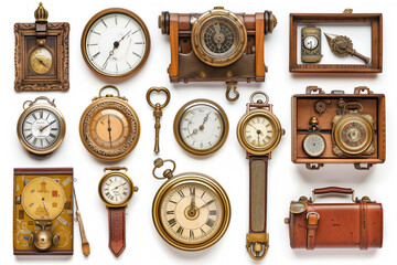 A collection of antique clocks and watches are displayed on a white background