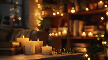 In a cozy reading nook the flickering candlelight from a wall of candles creates a serene and...